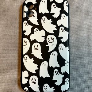 iPhone 11 case, black with white ghosts